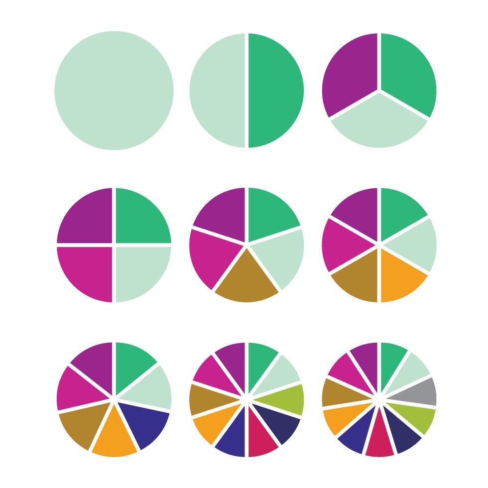 Pie charts set, part segment, infographic template for business report. Vector illustration. Pie element presentation, business diagram set, circular data, step cycle plan, abstract graphic part