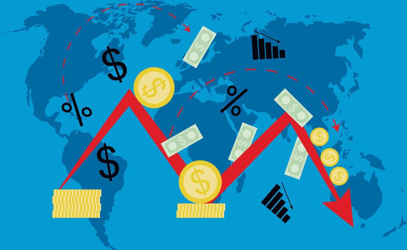 Global crisis and recession, concept decrease and downfall world business. Vector, illustration. world crisis, import substitution, pervasive inflation, unstable economy, ubiquitous problem vector