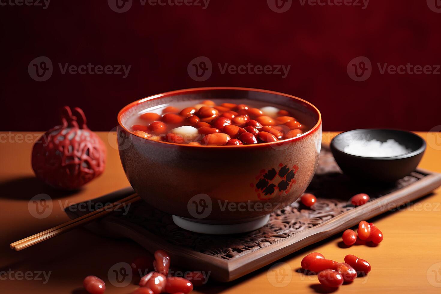AI generated Chinese red bean soup on wooden stand. Generate Ai photo