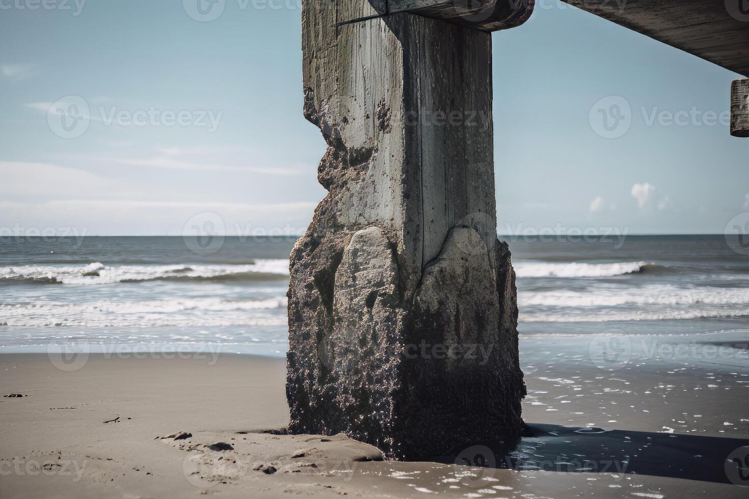 AI generated Bridge support pillar on ocean beach. Generate ai photo