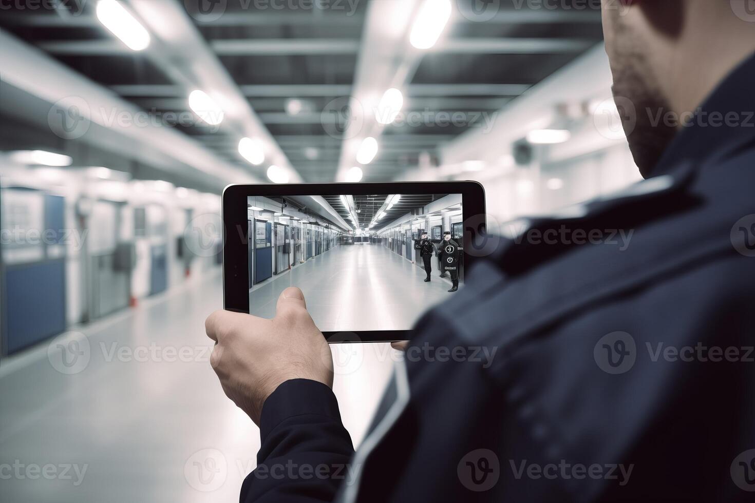 AI generated Security guard monitoring with tablet gadget Generate ai Circuit Diagram