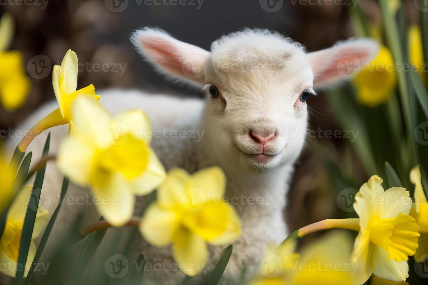 ai generado pequeño adorable Cordero en amarillo narciso campo. generar ai foto