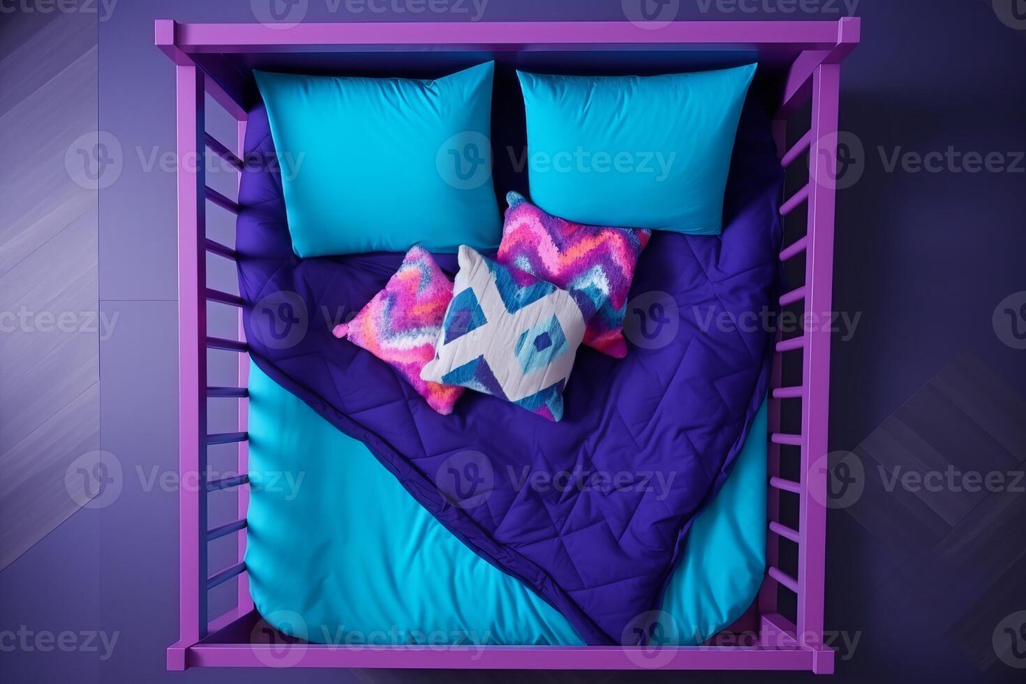 AI generated Vibrant purple blue empty children square bed. Generate ai photo