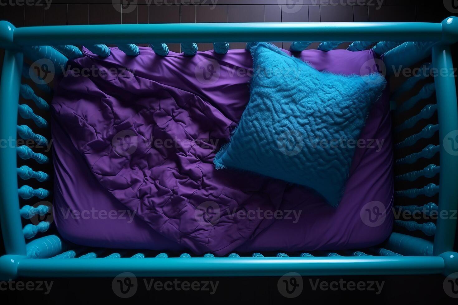 AI generated Top view of vibrant purple blue empty child bed. Generate ai photo