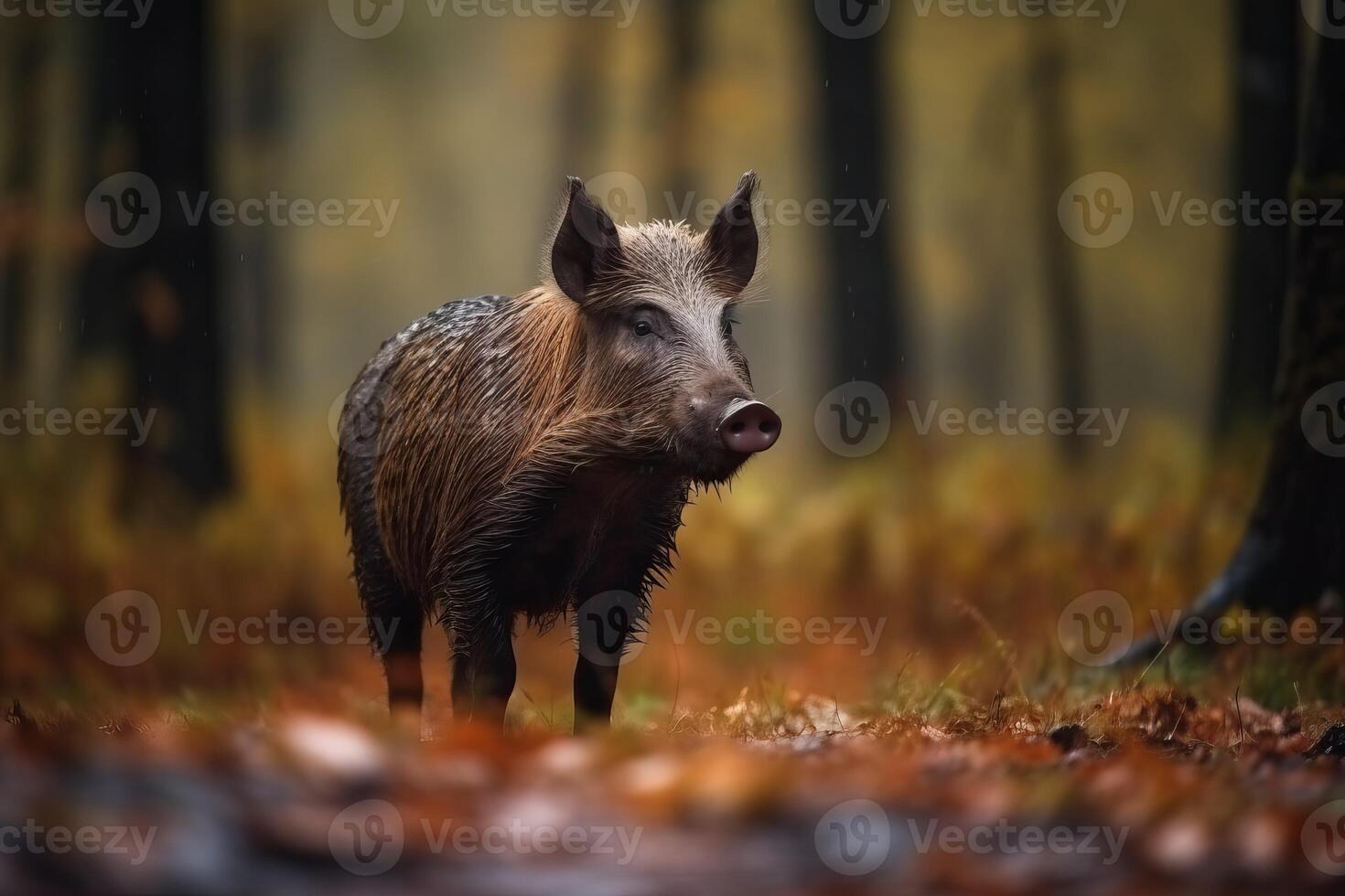 AI generated Wild boar in autumnal forest. Generate ai photo