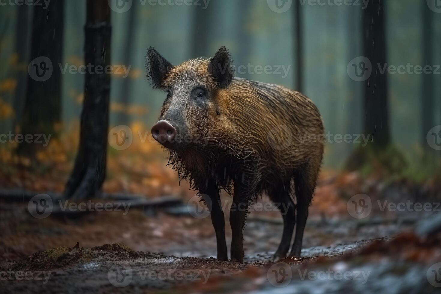 ai generado salvaje Jabali en brumoso bosque. generar ai foto