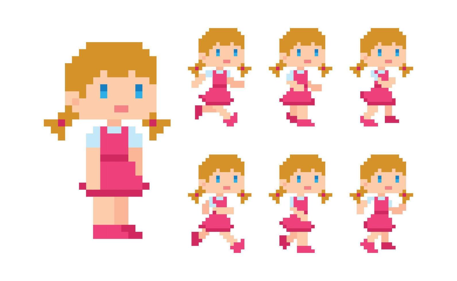 Pixel art 8 bit cute girl blonde pink dress character run animation vector