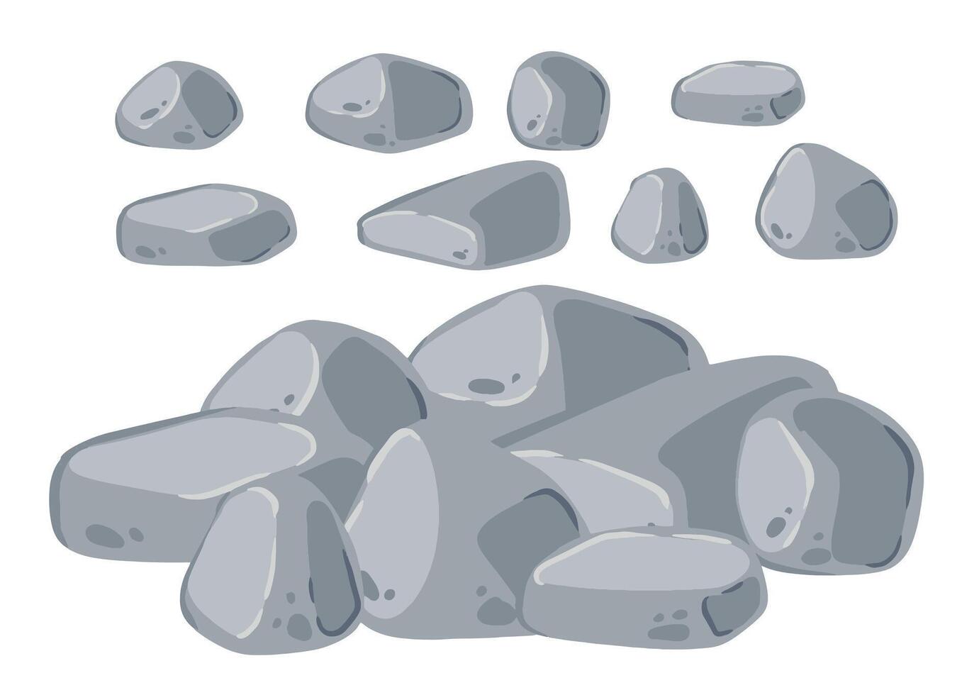 Set of stones. Gray cobblestone. Element of nature and mountains. Items for decoration and background. Flat cartoon. Boulder cobble debris. Block granite material. vector