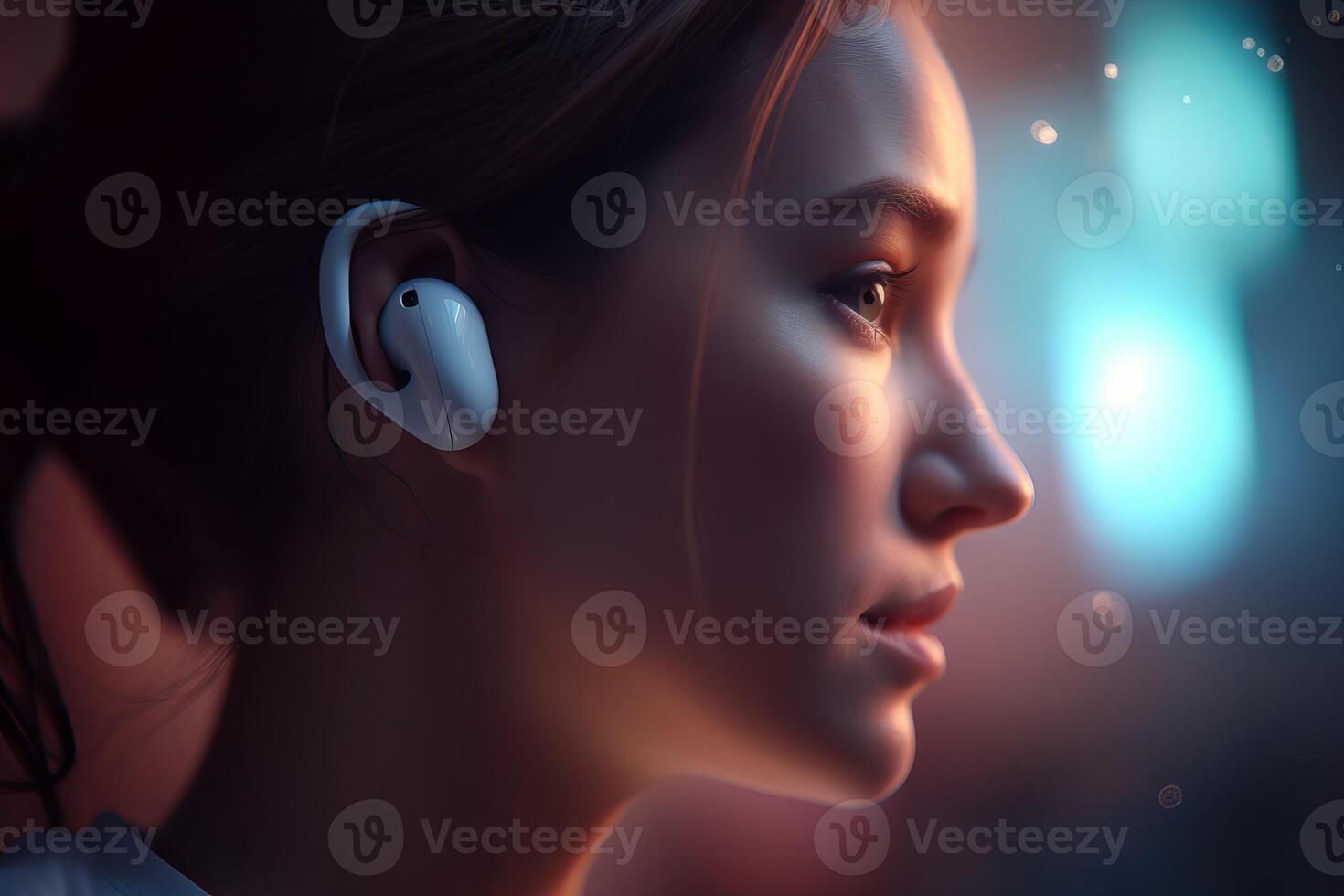 ai generado mujer vistiendo inalámbrico auriculares. generar ai foto