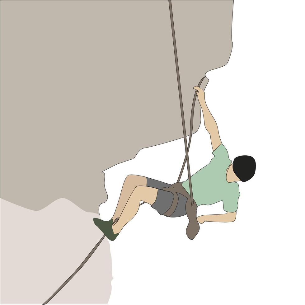 Mountaineer hanging on rock height, journey hike climb to summit, man active tourism, vector rock wall, climb mountain, accomplish rocky illustration