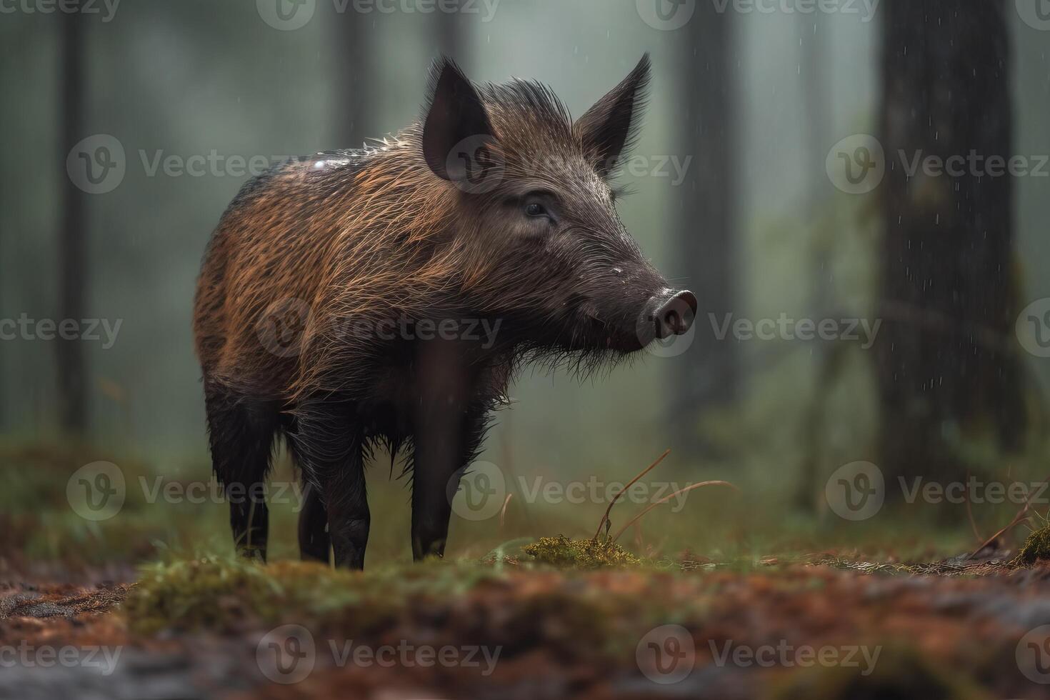 ai generado salvaje Jabali animal en brumoso bosque. generar ai foto