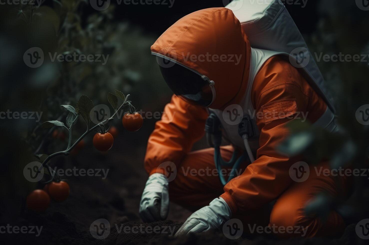 AI generated Astronaut planting plants. Generate AI photo