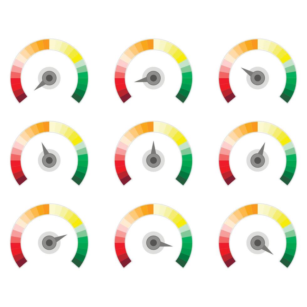 Set score credit scales, indices spectrum level. Collection of indicate gauge, speedometer performance, satisfaction rate and meter rating, bank infographic with arrow pointer illustration vector