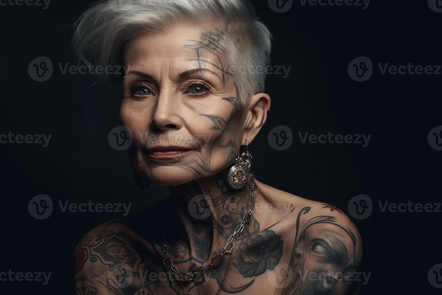 AI generated Portrait old lady with tattoos. Generate AI photo