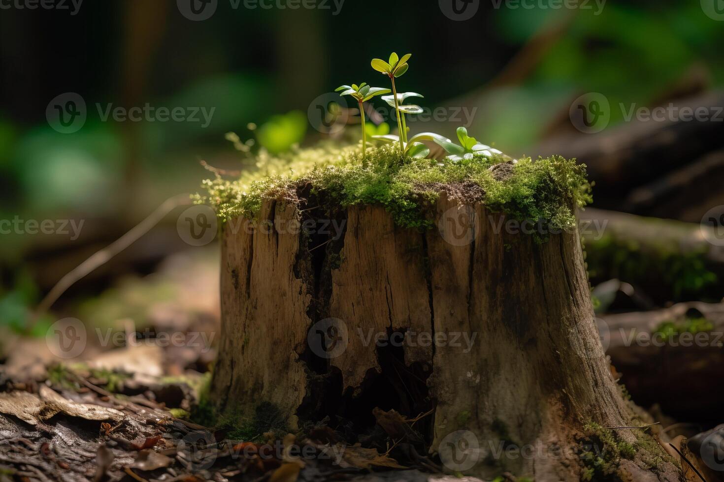 AI generated New plant sprout growing on dried tree trunk. Generate ai photo