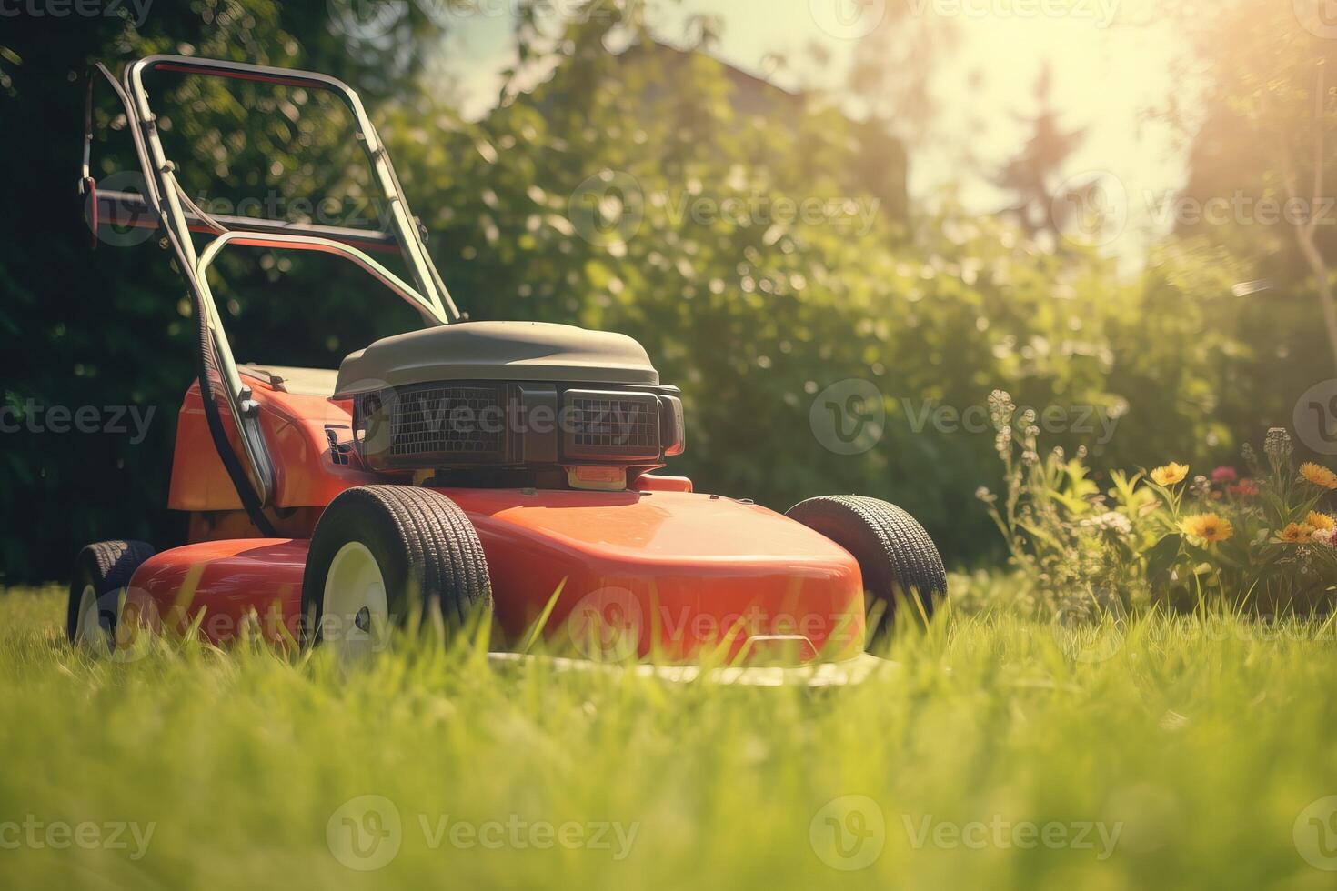 AI generated Lawn mower machine in verdant backyard. Generate ai photo