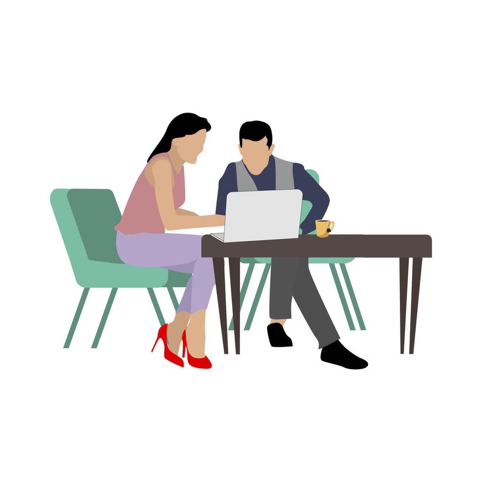 Busines meeting with client. People talking. Business people office work. Vector partnership occupation, collaboration, in cafe with laptop, partners communication illustration