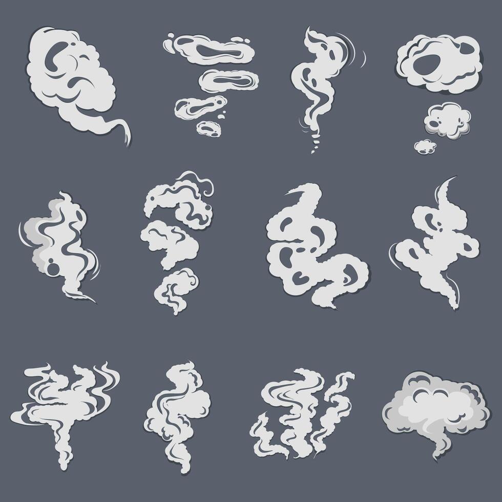 Smoke set effects, cartoon steam clouds, puff and mist, fog watery vapour and dust explosion. Vector smoky design icon, stink effect white, trail illustrated fume illustration. Dust and gas air curve