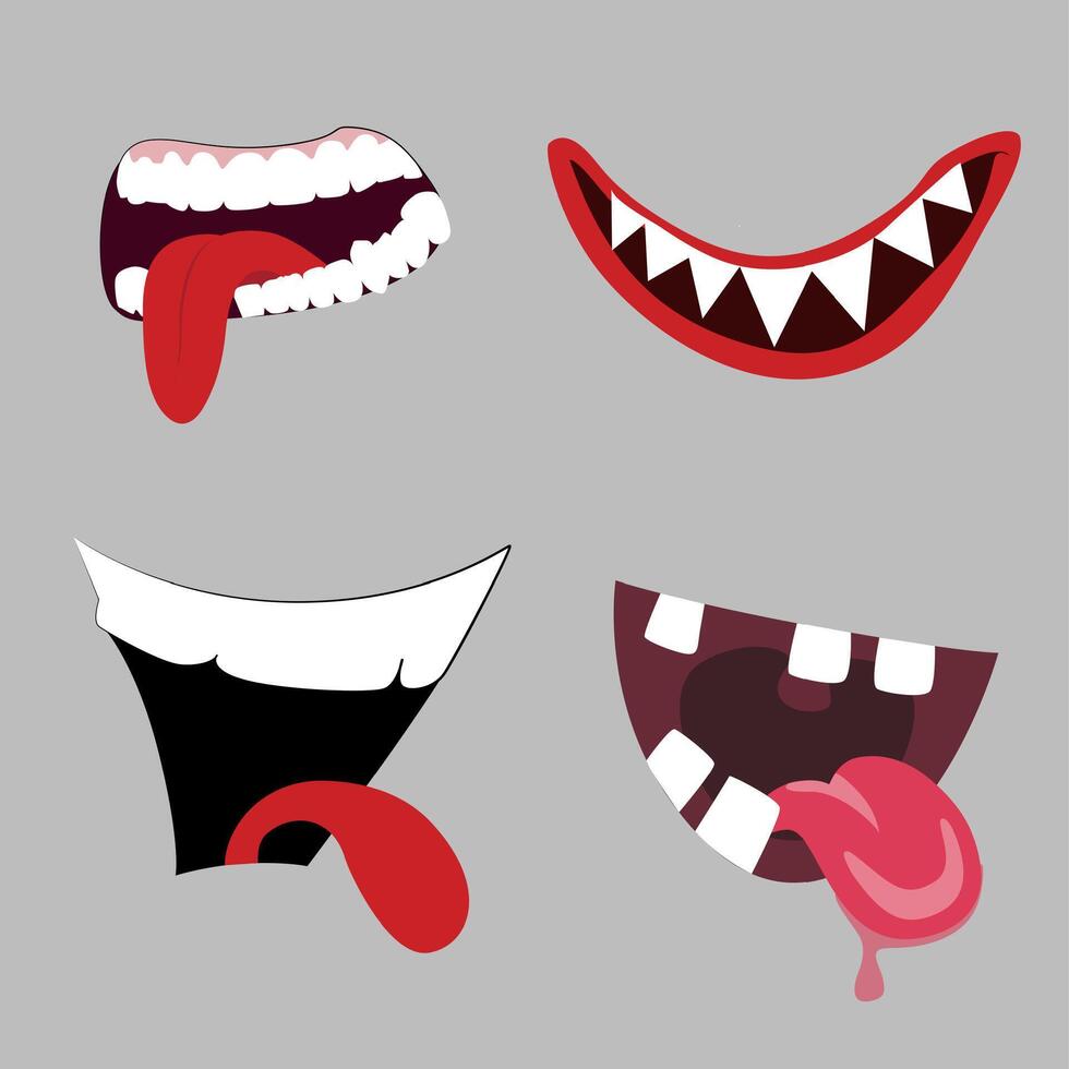 Cartoon monster mouth collection, teeth and tongue. Vector funny halloween scary grimace, collection comic character, emotional face, angry afn happy illustration