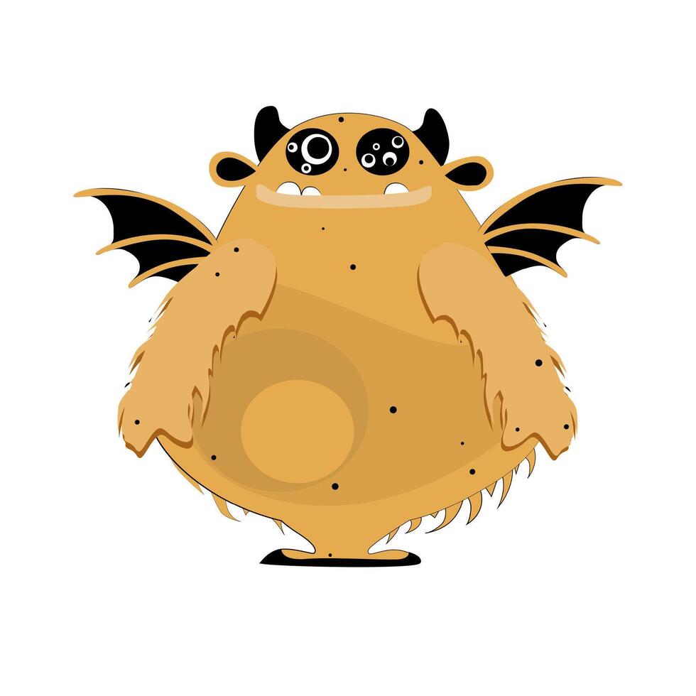 Fur confident monster with wings isolated on white. Vector mascot halloween, goofy confident and angry expression, toy bigfoot illustration