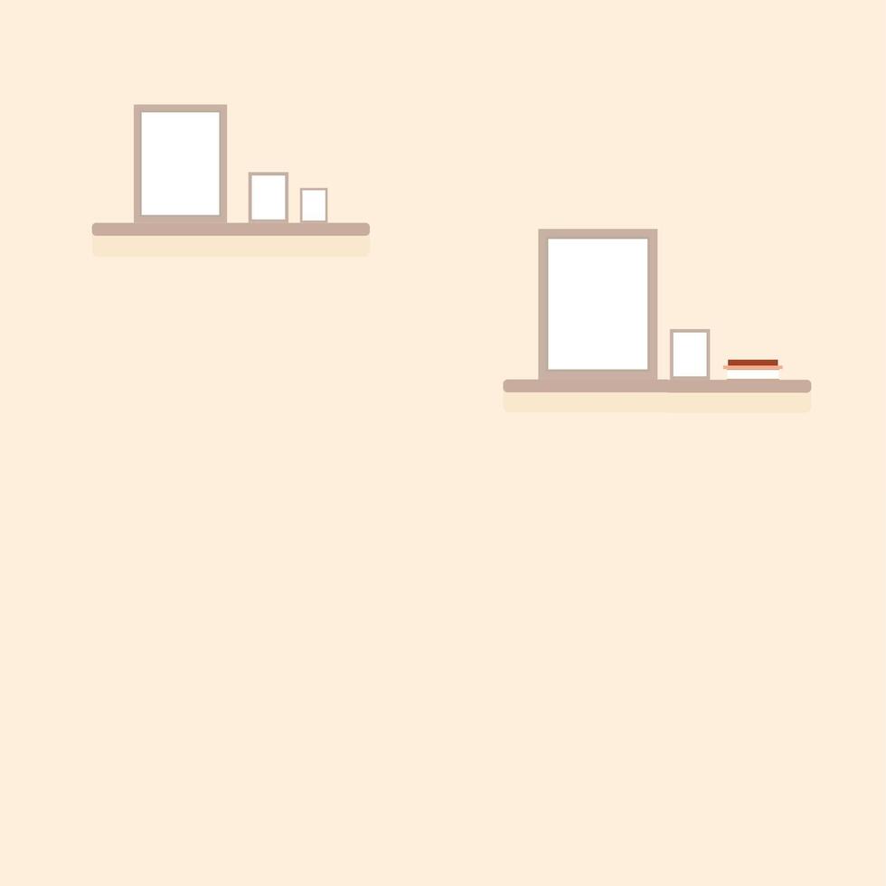 Interior wall with shelves and pictures, copy space for text. Living room interior with shelves, boxes and frames on shelves, beige walls, shelf design, interior design, illustration vector