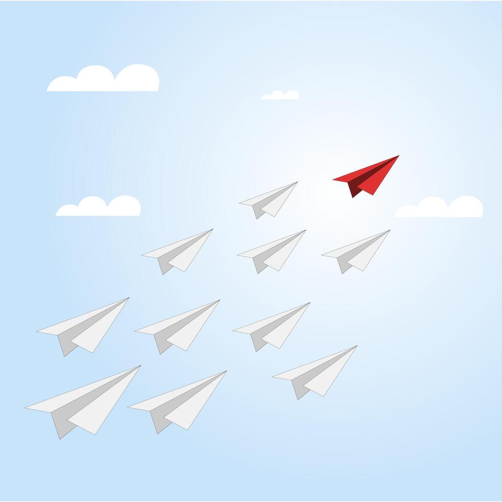 Red paper plane leads business team. Paper plane vector flying and follow team to success. Illustration vision business competition, management boss motivation