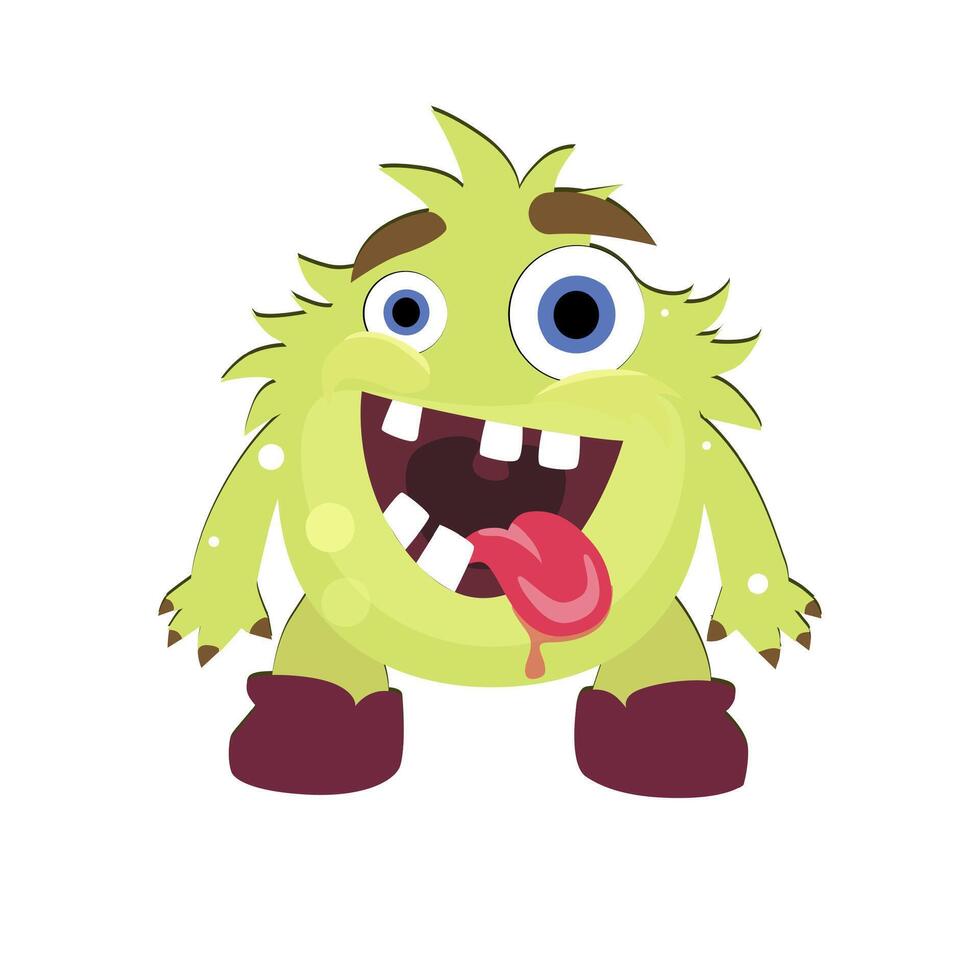 Mad green monster with opening mouth and stick out tongue. Illustration troll halloween, goofy gremlin creature, cute ugly goblin face vector