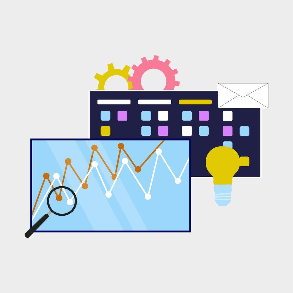 análisis y investigación gráfico estadística informe, negocio metodología gestionar proyecto departamento. vector márketing concepto y organización trabajo fluir en equipo, ilustración de desarrollo método tablero Tareas