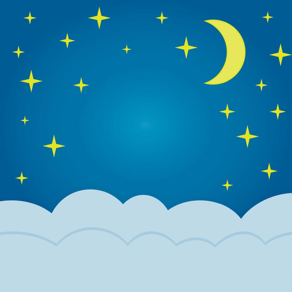 Sweet background for baby room, calm night with yellow moon and stars. Starry sky with moon, baby wallpaper with crecent, blue sky with yellow moon and stars, baby phone wallpaper, illustration vector