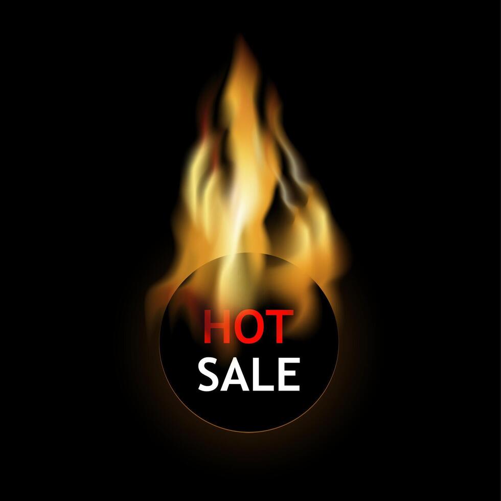 Hot sale label burning fire. Discount and price tag, badge sticker in fire, business shopping. Vector illustration, promotion flame poster