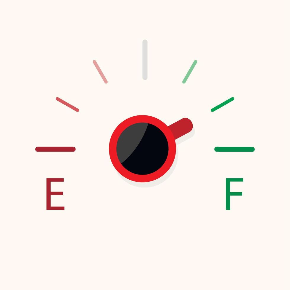 Coffee power indicator, full and empty level energy. Vector illustration. Coffe power indicator, mug breakfast, caffeine scale, gasoline energy, isolated level, panel arrow, coffe shop banner