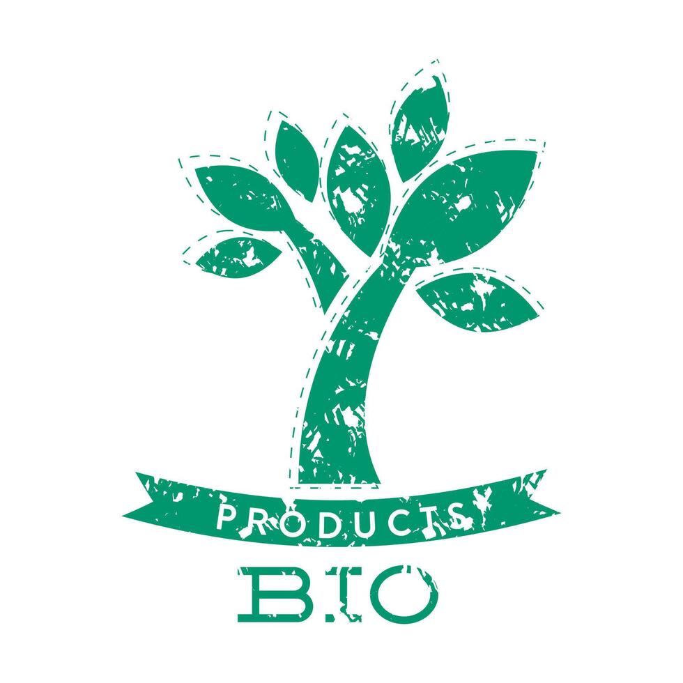 Bio product stamp with green tree and ribbon. Bio natural product badge label stamp, organic food and cosmetic. Vector illustration