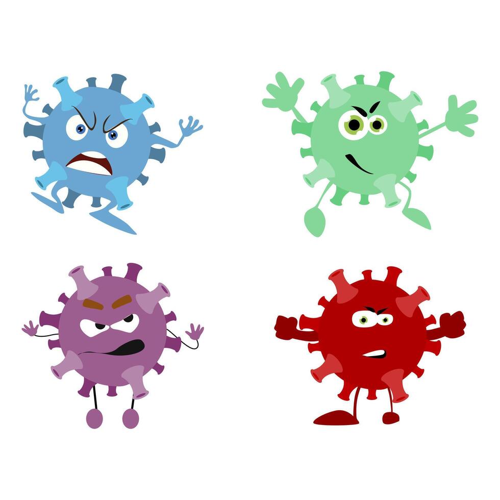 Character virus with hands and legs. Set of virus bacteria cartoon, flu infection disease coronavirus, micro mascot influenza vector
