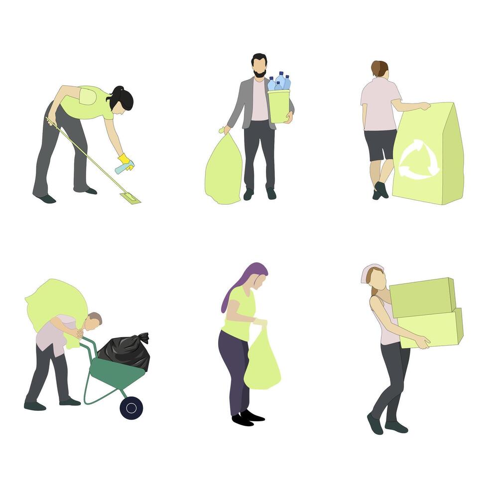 mujer hombre recoger residuos y basura, recoger arriba basura en paquete. ilustración limpieza basura y basura, residuos coleccionar y recoger arriba, seguro ecología y ambiente vector