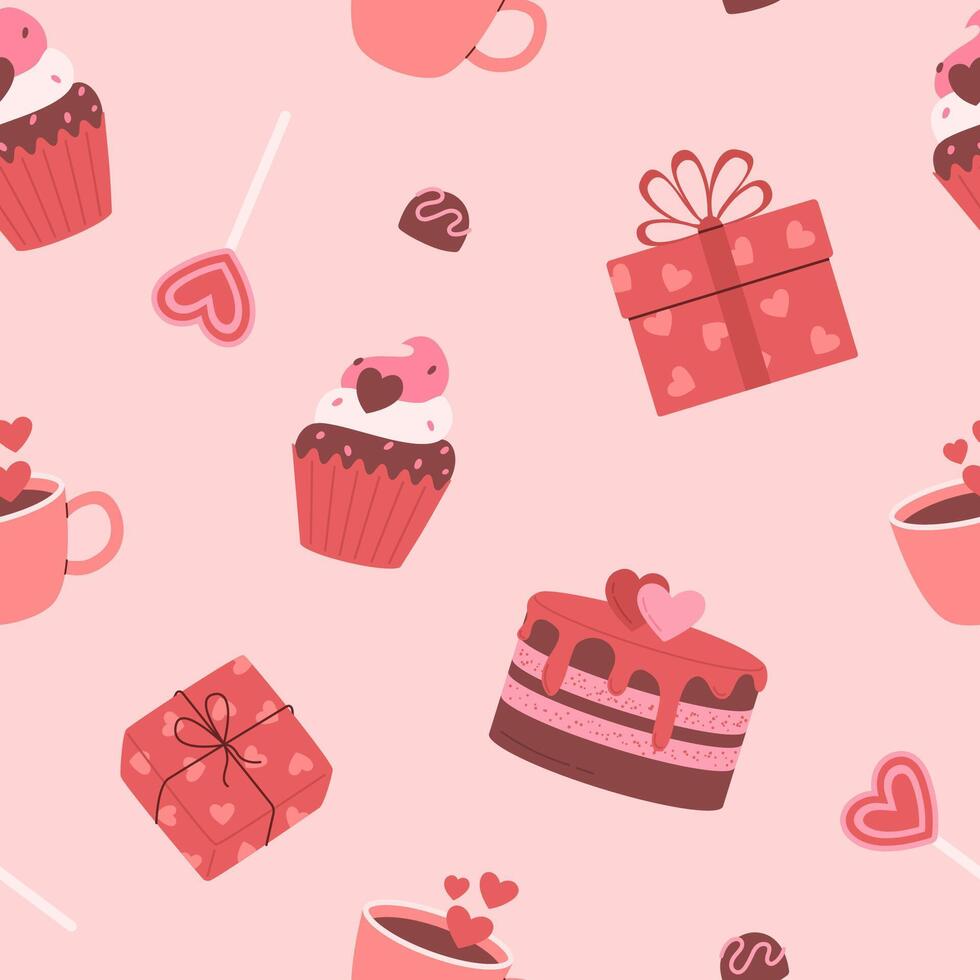 sin costura modelo con regalos, dulces, magdalena y café. San Valentín día, contento cumpleaños impresión. Perfecto para envase papel, panadería decoración, tienda decoración vector