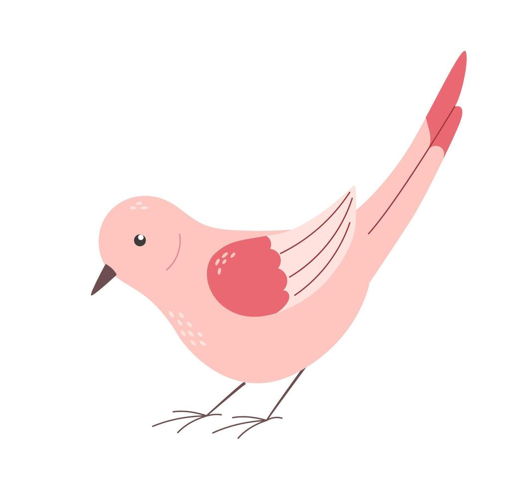 Folk pink bird isolated on white background. Spring cartoon vector illustration.