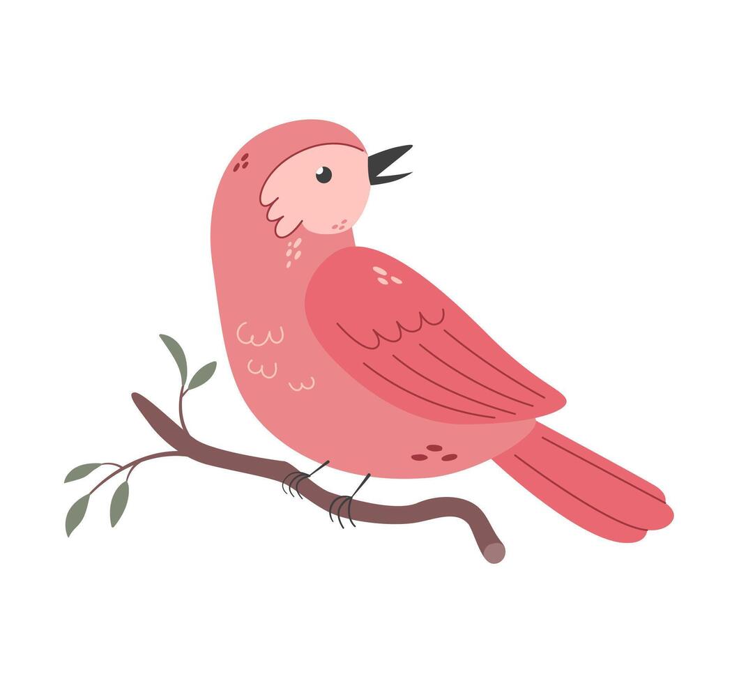 Pink folk bird sitting on the branch on white background. Cute spring cartoon vector illustration. Birdwatching, wildlife