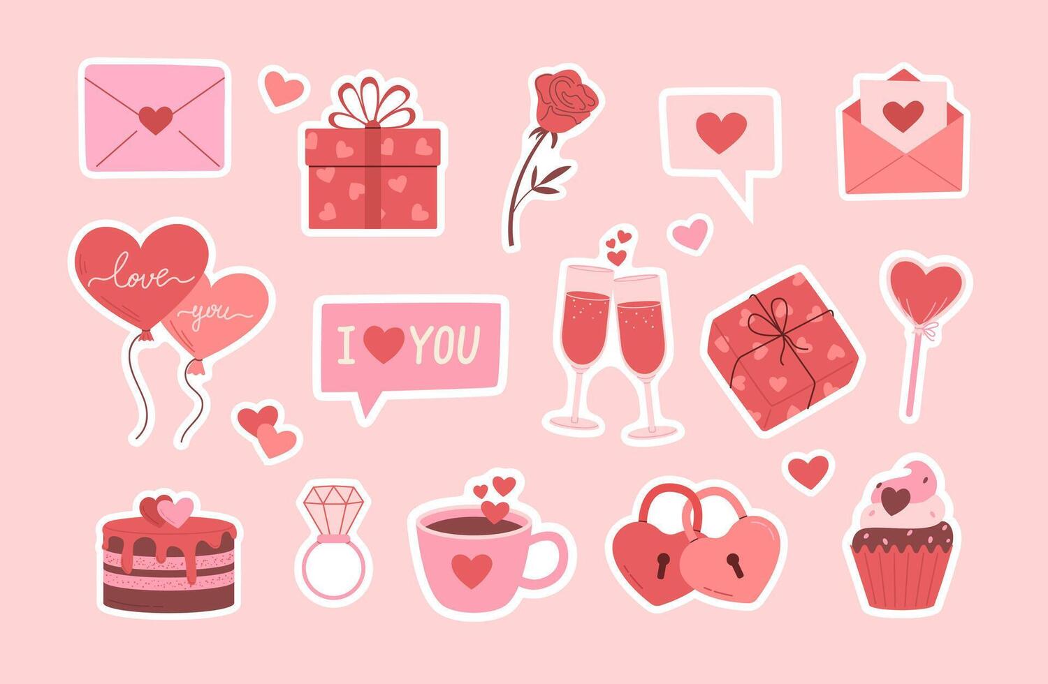 Set of Valentine's day hand drawn decorative stickers. Gift, letter, heart, balloon, cake, vine, cupcake, rose, candy, ring vector illustration.