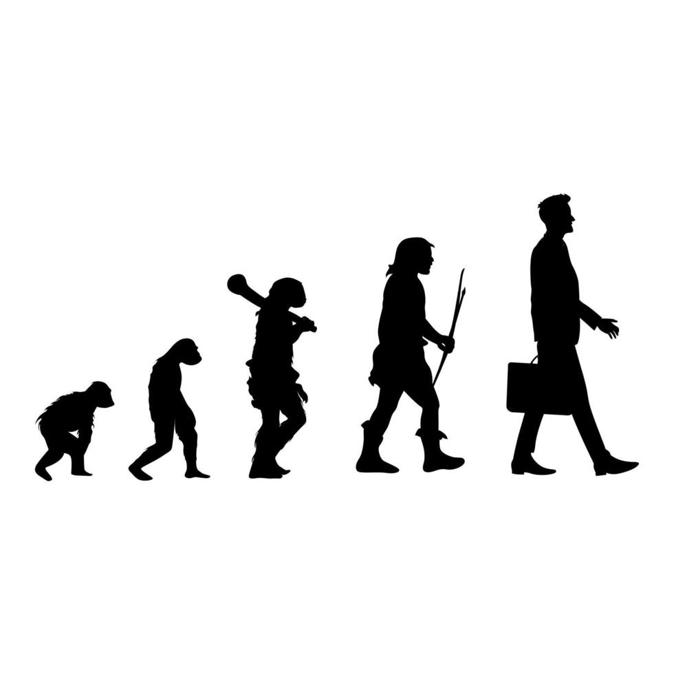 Human evolution black silhouette, from ape to man. Vector human silhouette, monkey and caveman, walking homo graphic evolution illustration, history primate development