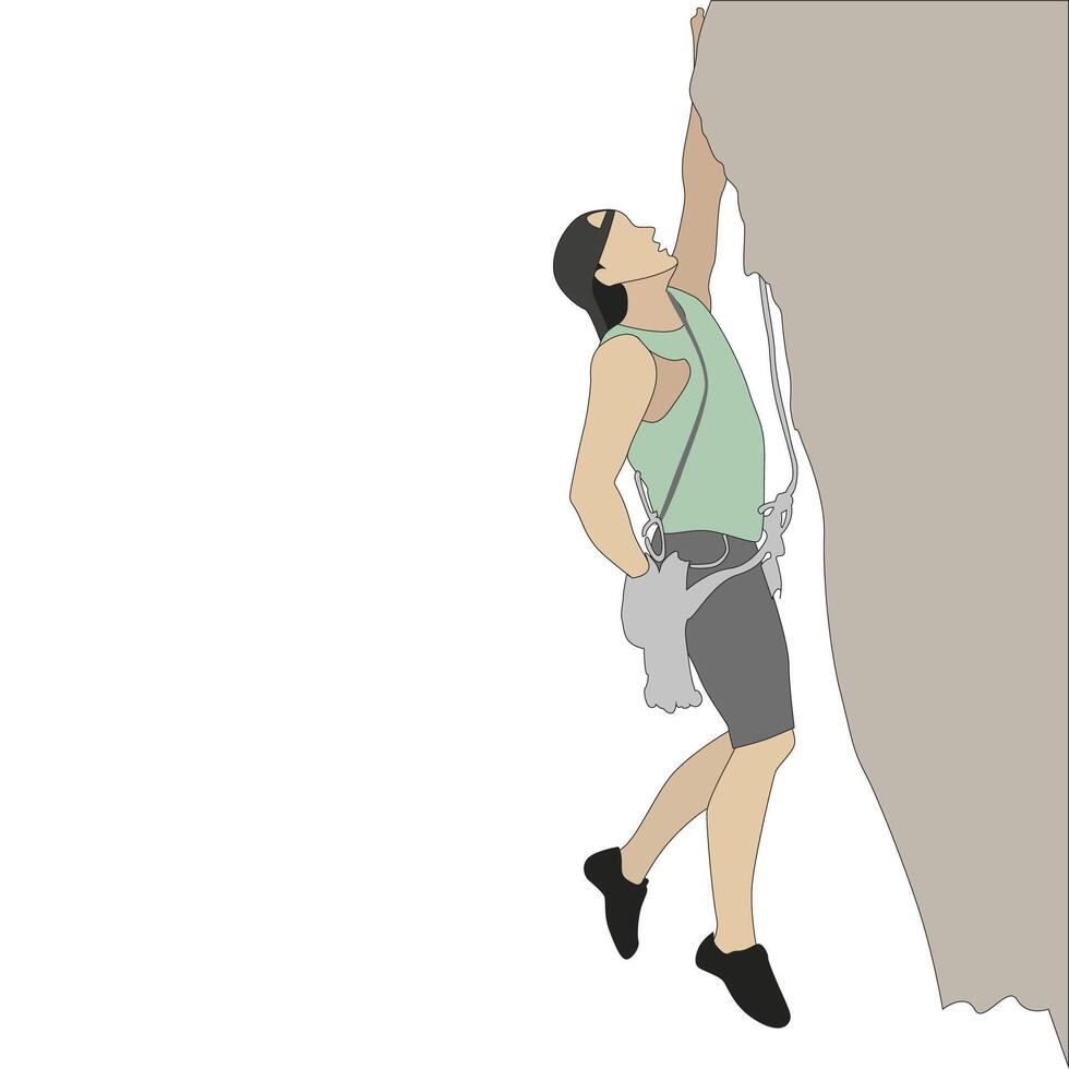 Man hang on rock cliff. Climber mountain on cliff, strength person active extreme, climbing adventure and courage outdoor. Vector illustration