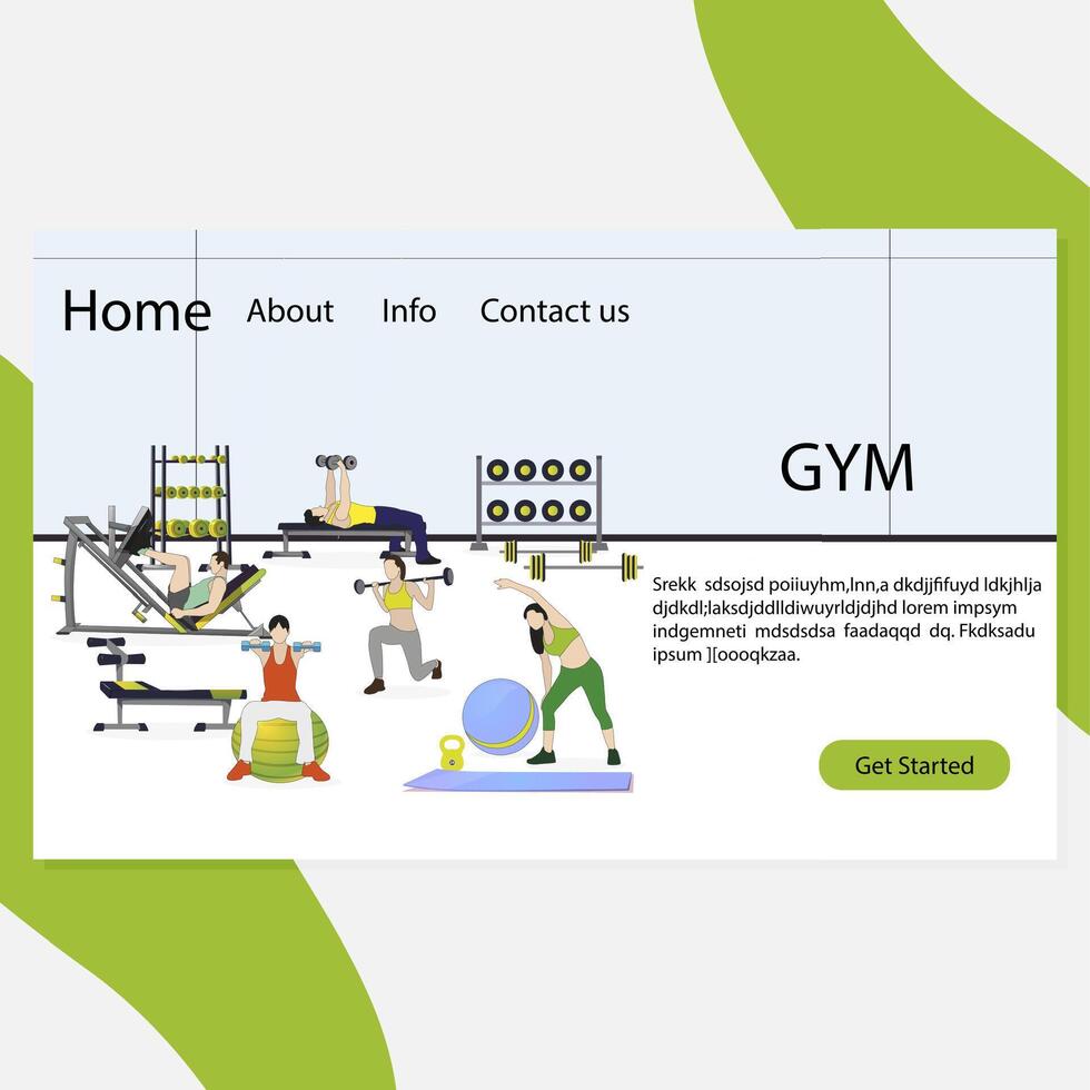 gimnasio aterrizaje página. vector deporte formación a salud, aptitud estilo de vida dibujos animados, cuerpo actividad ilustración, interior gimnasio con deporte equipo para rutina de ejercicio