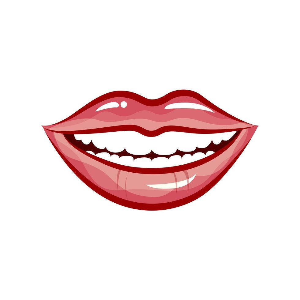 Woman smile isolated in white background. Vector beautiful cartoon mouth smiling for logo dental clinic, sensuality fashion glossy lips. Illustration glamour desire and sensuality