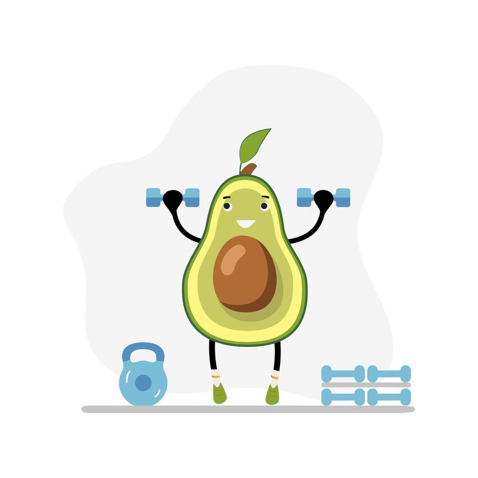 Fitness avocado in gym with dumbbells. Vector weightlifting exercise, organic and natural workout, vegan healthy and active illustration. Nutrition fat and health, funny cartoon nature strong