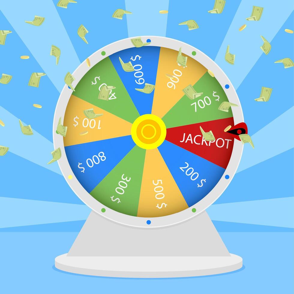 Win jackpot in wheel. Lucky game gambling, prize win in roulette, casino jackpot entertainment, vector lucky spin and illustration jackpot prize
