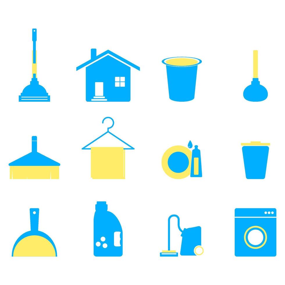 Collection of icons cleaning service and household chores. Illustration of household icons, wash housekeeping, bottle and bin garbage, sanitary housecleaning vector