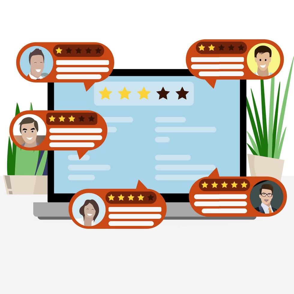 Feedback and review ranking, evaluation web service illustration, rate and vote, write report badly or excellent view vector. Illustration feedback mark, quality ranking star, rating vote and comment vector