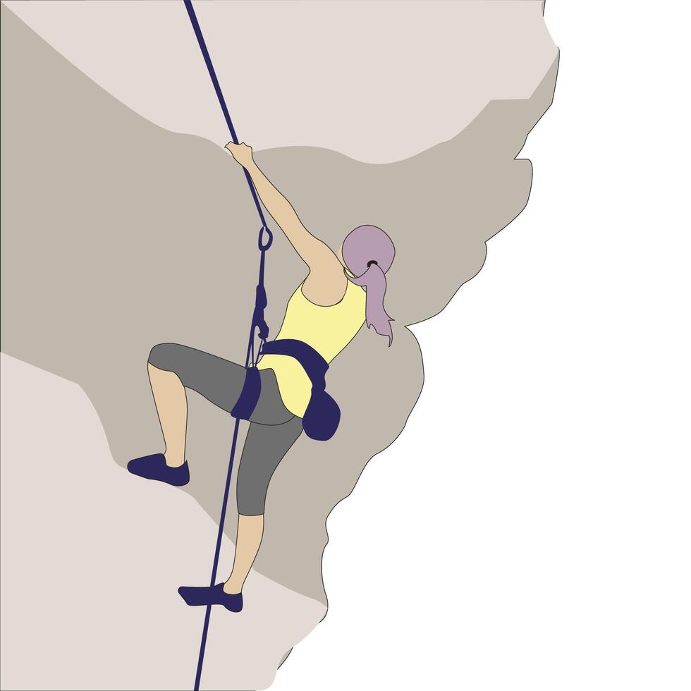 niña alpinismo en roca, activo pasatiempo. vector pasatiempo actividad, adrenalina ejercicio, libertad valor deporte, cuerda alpinismo con equipo ilustración