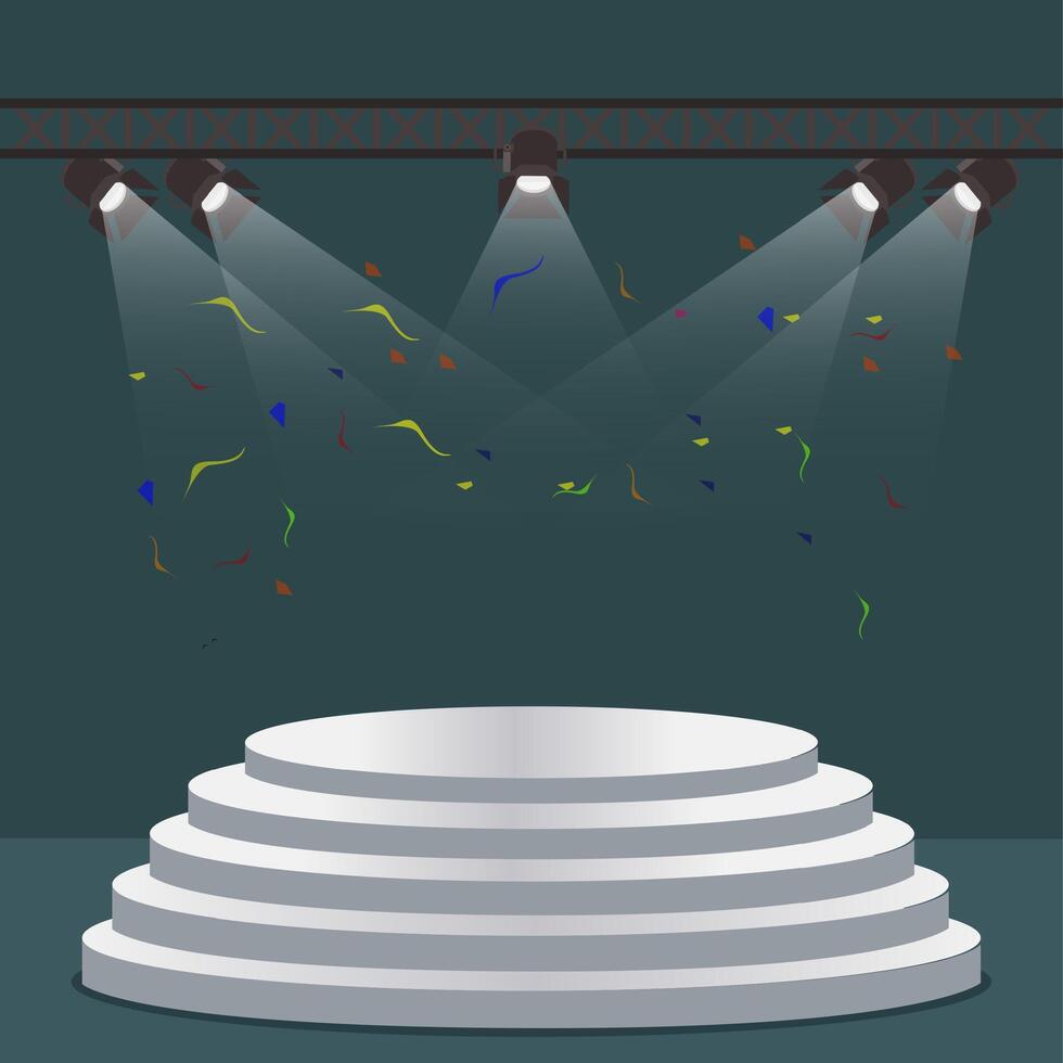 Podium staircase scene with light projectors. Vector scene projector, exhibition studio pedestal empty illustration. Glow entertainment and exposition show stage in spotlight