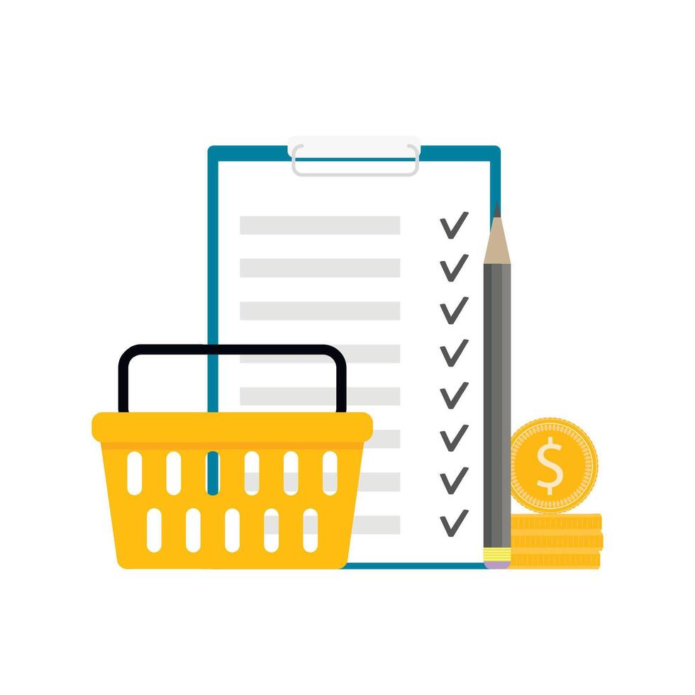 Checklist to supermarket, planning budget and check purchases. Vector illustration. Check market budget, sheet reminder, choice note, supermarket paper, product sale, shopping list planning