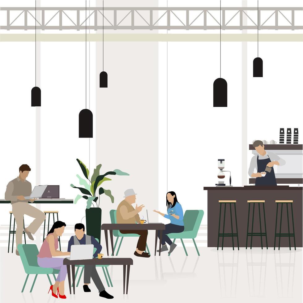 People at city cafe. Freelancer working at laptop. Coffeehouse flat vector cartoon illustration. Coffee shop interior, barista making coffee at counter bar